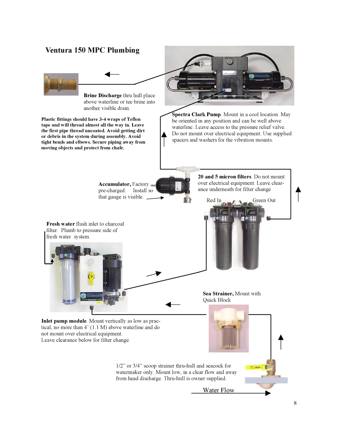 Spectra Watermakers MPC-5000 owner manual Ventura 150 MPC Plumbing, Sea Strainer, Mount with 