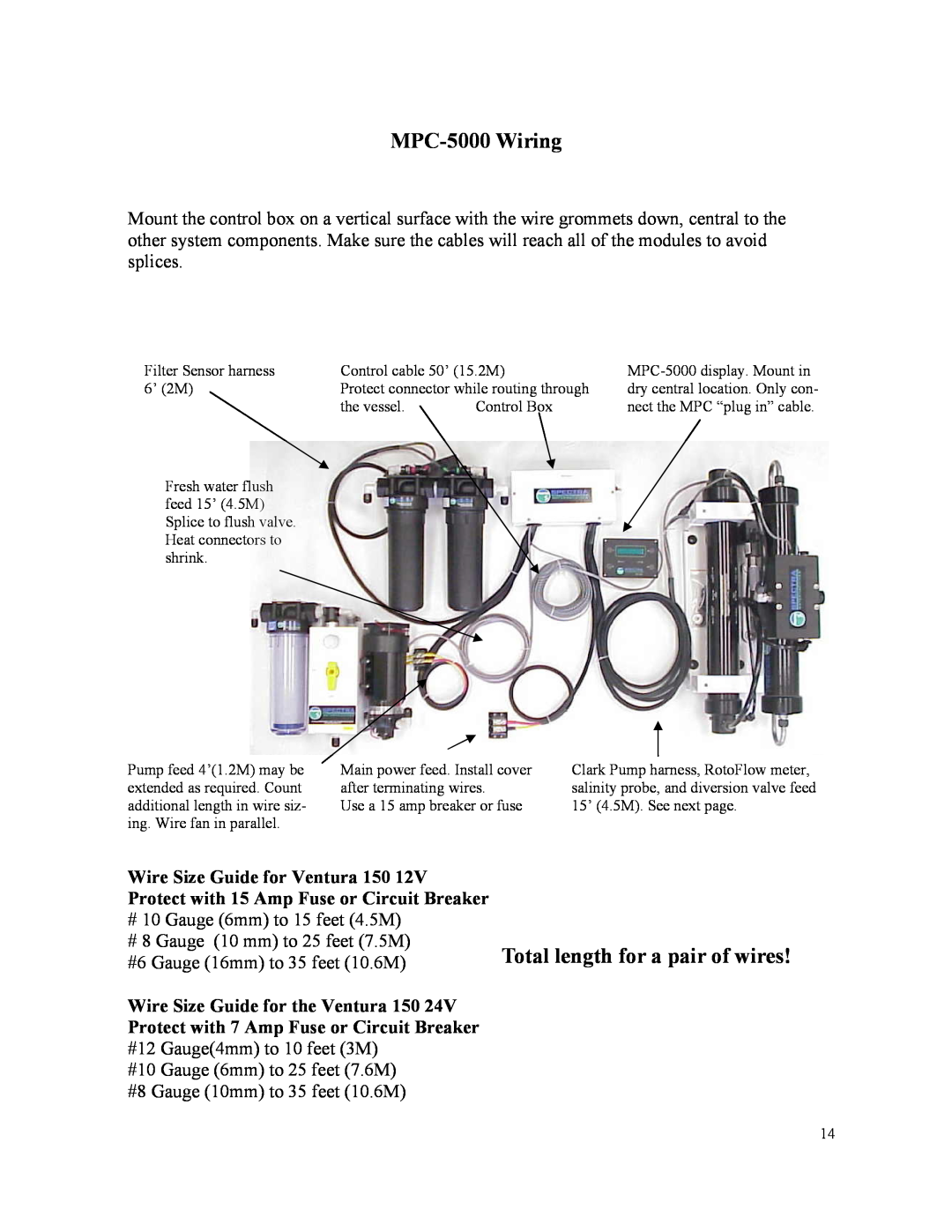 Spectra Watermakers owner manual MPC-5000Wiring, Total length for a pair of wires, Wire Size Guide for Ventura 150 