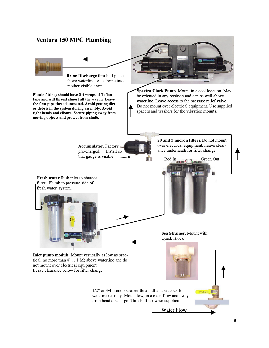 Spectra Watermakers MPC-5000 owner manual Ventura 150 MPC Plumbing, Water Flow 
