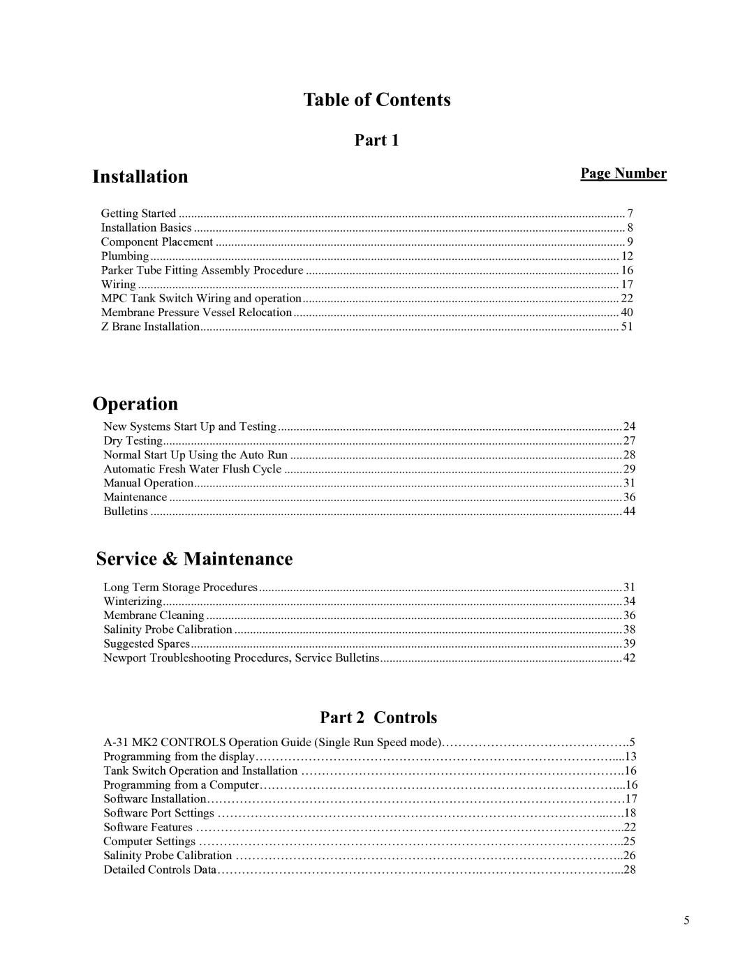 Spectra Watermakers Newport 400 owner manual Table of Contents, Installation, Operation, Service & Maintenance 