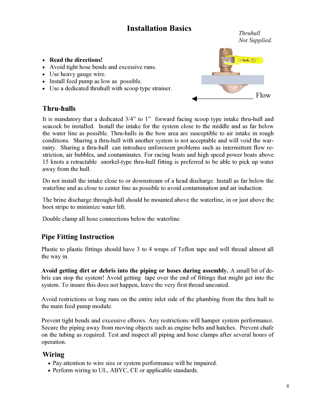 Spectra Watermakers Newport 400 owner manual Installation Basics, Thru-hulls, Pipe Fitting Instruction, Wiring 