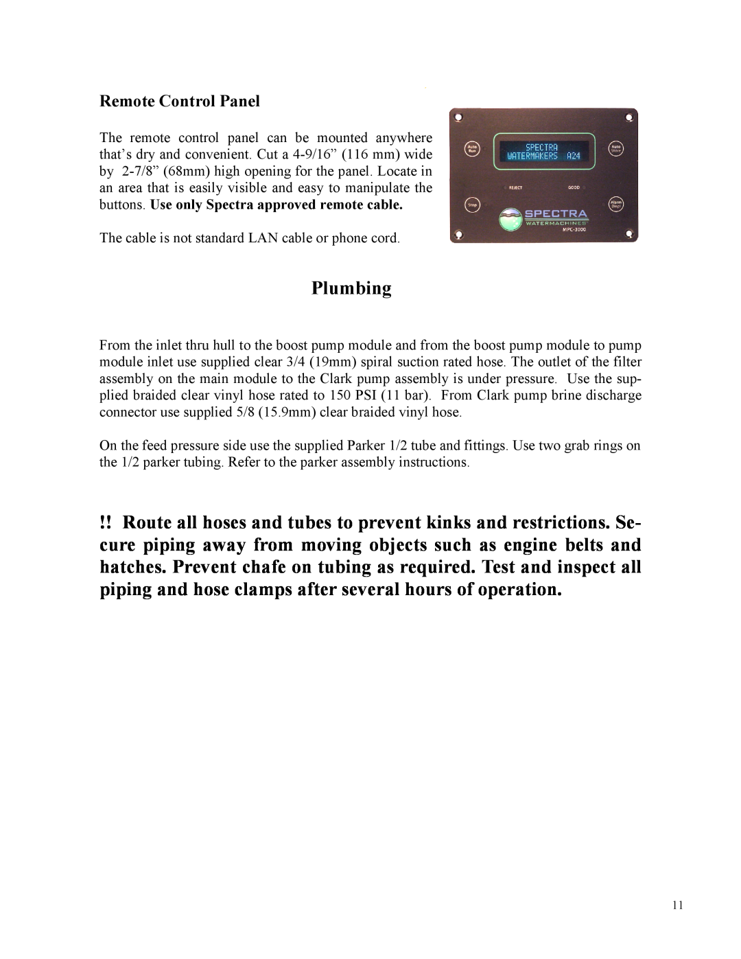 Spectra Watermakers Newport 400 owner manual Plumbing, Remote Control Panel 