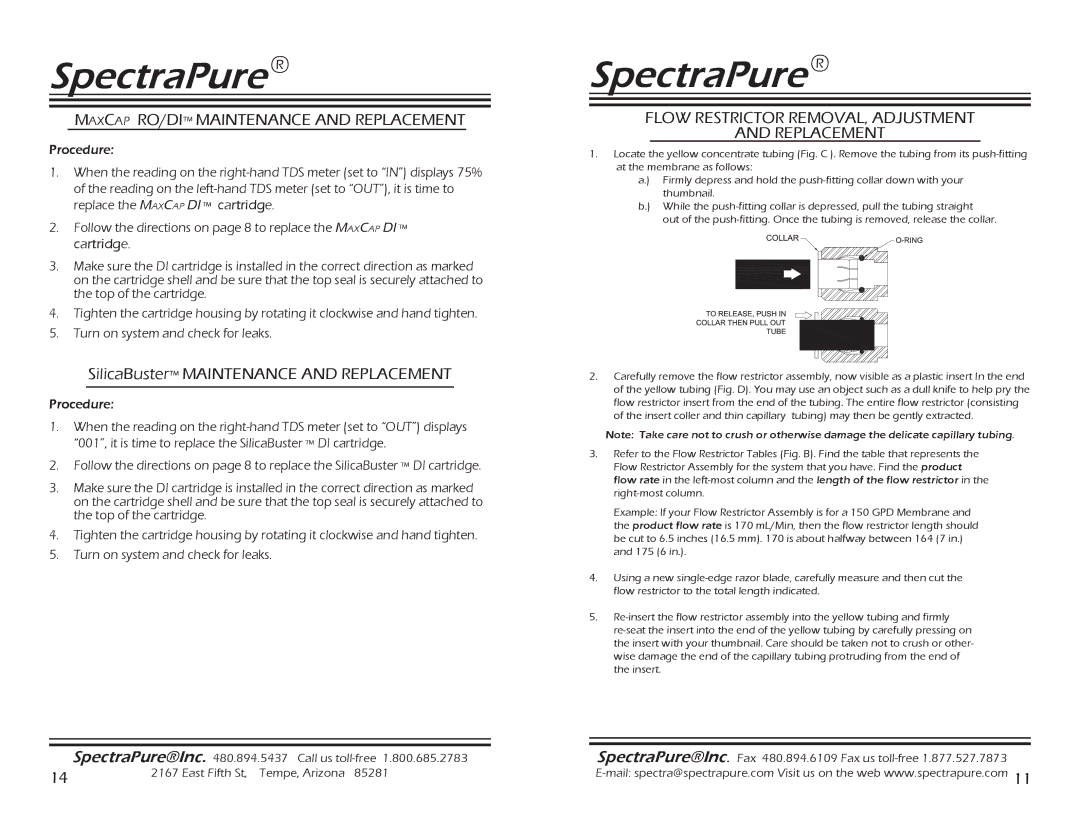 Spectra Watermakers CF-0.5-10 manual Maxcap RO/DI Maintenance and Replacement, SilicaBuster Maintenance and Replacement 