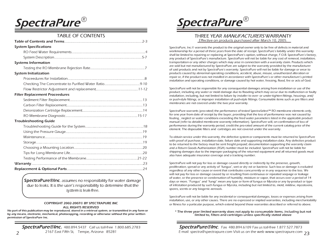 Spectra Watermakers CF-0.5-10, SF-MT-0.5-10, MEM-90,150 manual Table of Contents, Three Year Manufacturers Warranty 