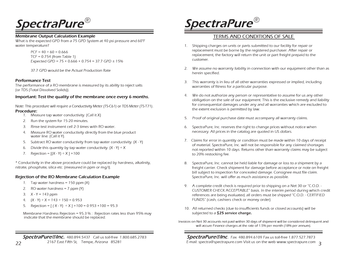 Spectra Watermakers SF-MT-0.5-10, MEM-90,150, CF-0.5-10 Terms and Conditions of Sale, Membrane Output Calculation Example 