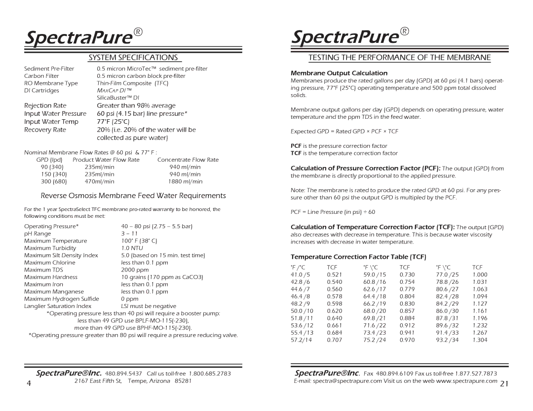 Spectra Watermakers MEM-90,150, SF-MT-0.5-10, CF-0.5-10 manual System Specifications, Testing the Performance of the Membrane 