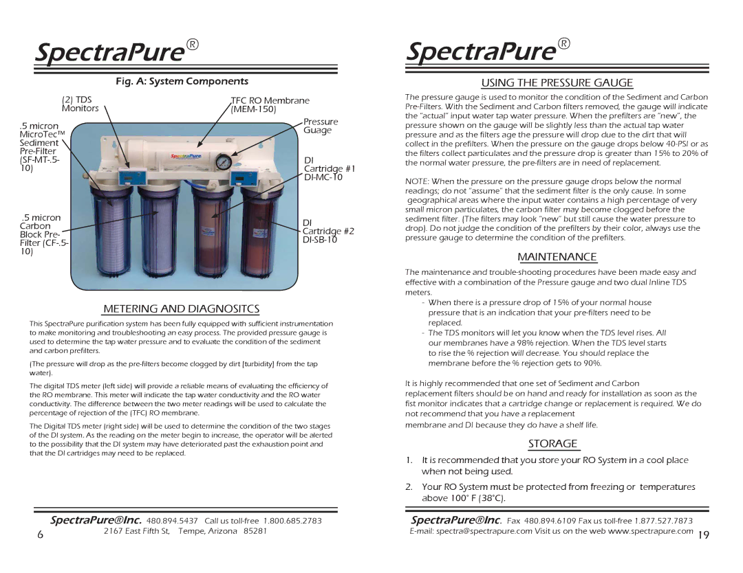 Spectra Watermakers SF-MT-0.5-10, MEM-90,150 manual Metering and Diagnositcs, Using the Pressure Gauge, Maintenance, Storage 