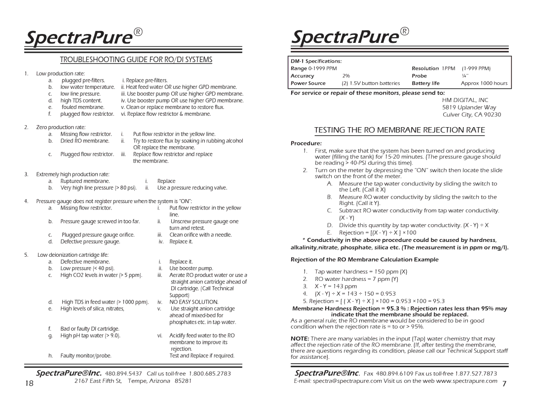 Spectra Watermakers MEM-90,150, CF-0.5-10 Testing the RO Membrane Rejection Rate, Troubleshooting Guide for RO/DI Systems 