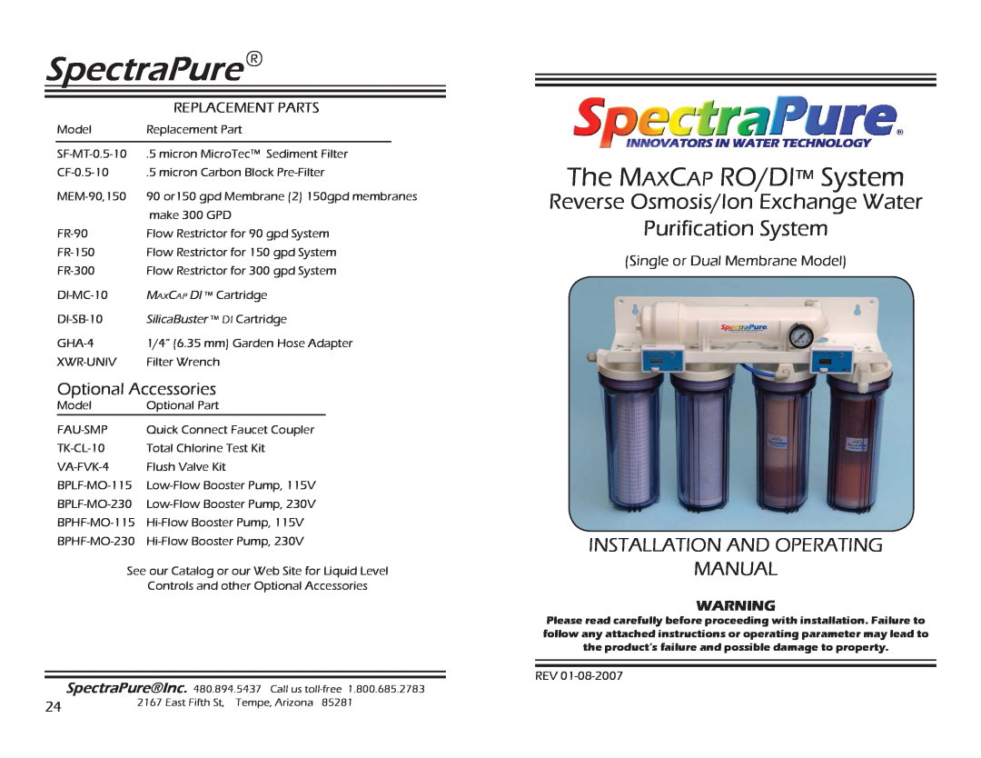 Spectra Watermakers MEM-90,150 manual SpectraPure, Replacement Parts, Single or Dual Membrane Model, Purification System 