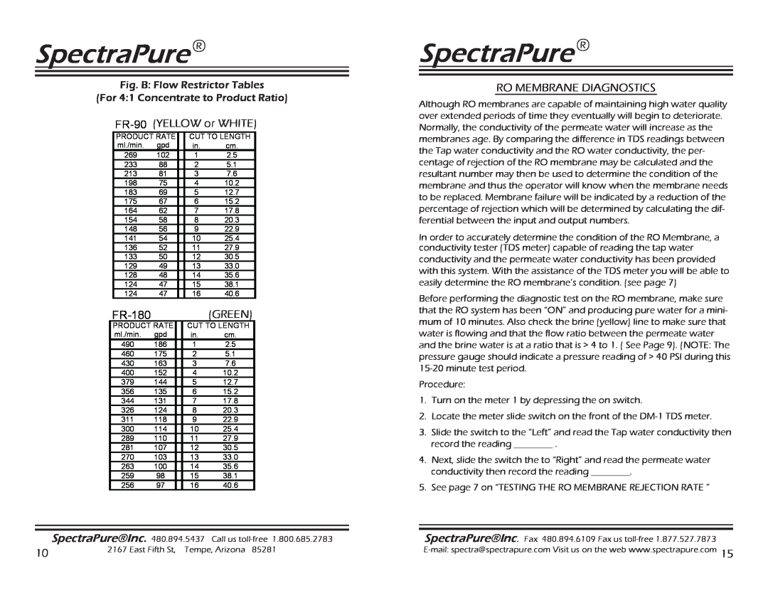 Spectra Watermakers MEM-90,150 manual FR-90 YELLOW or WHITE, Green, Ro Membrane Diagnostics, Fig. B Flow Restrictor Tables 