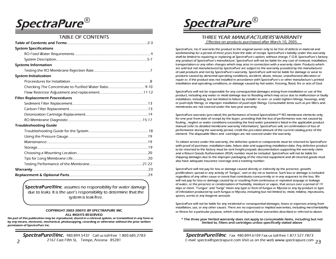 Spectra Watermakers CF-0.5-10, SF-MT-0.5-10, MEM-90,150 Table Of Contents, Three Year Manufacturers Warranty, SpectraPure 