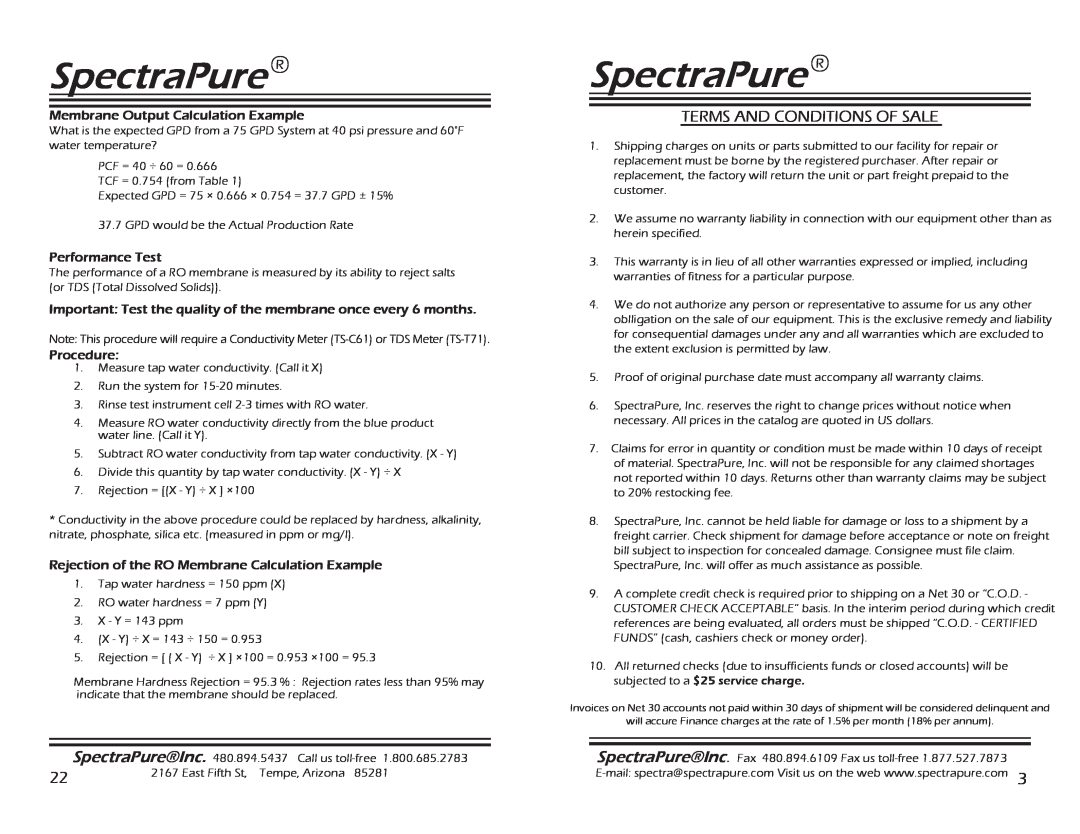 Spectra Watermakers SF-MT-0.5-10 Terms And Conditions Of Sale, SpectraPure, Membrane Output Calculation Example, Procedure 