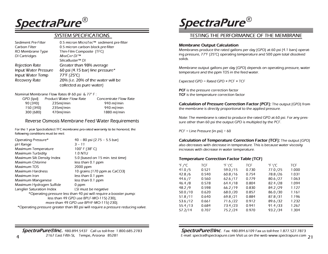 Spectra Watermakers MEM-90,150, SF-MT-0.5-10 System Specifications, Testing The Performance Of The Membrane, SpectraPure 