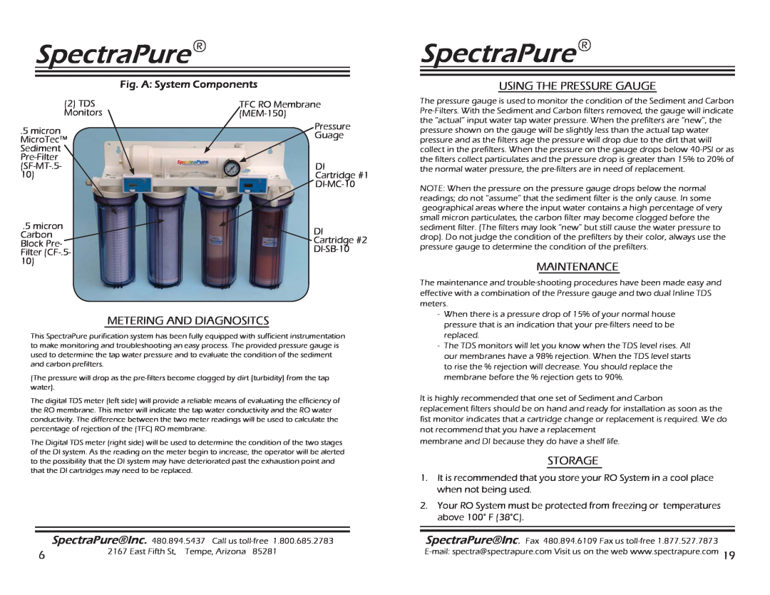 Spectra Watermakers SF-MT-0.5-10 Metering And Diagnositcs, Using The Pressure Gauge, Maintenance, Storage, SpectraPure 