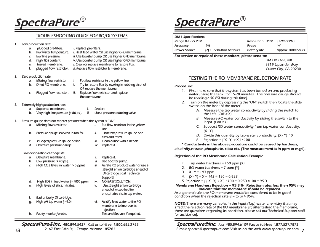Spectra Watermakers MEM-90,150, CF-0.5-10 Testing The Ro Membrane Rejection Rate, Troubleshooting Guide For Ro/Di Systems 