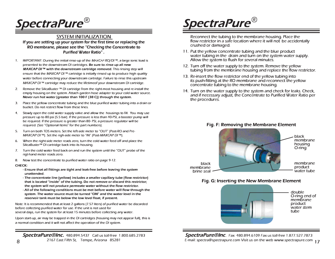Spectra Watermakers CF-0.5-10, SF-MT-0.5-10 manual System Initialization, Fig. F Removing the Membrane Element, SpectraPure 