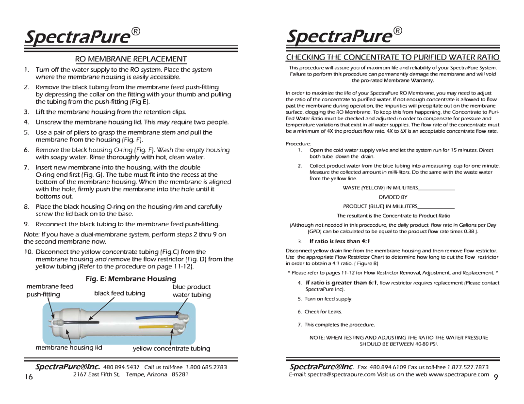 Spectra Watermakers SF-MT-0.5-10 Ro Membrane Replacement, Checking The Concentrate To Purified Water Ratio, SpectraPure 