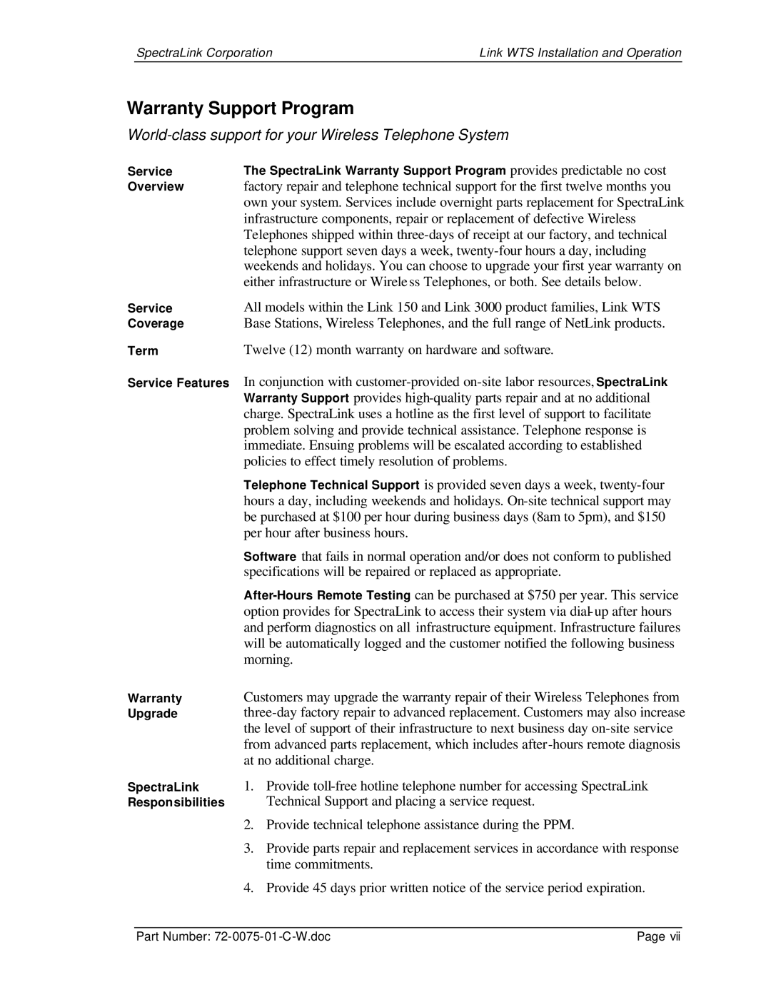 SpectraLink 150 M3 MCU manual Warranty Support Program 