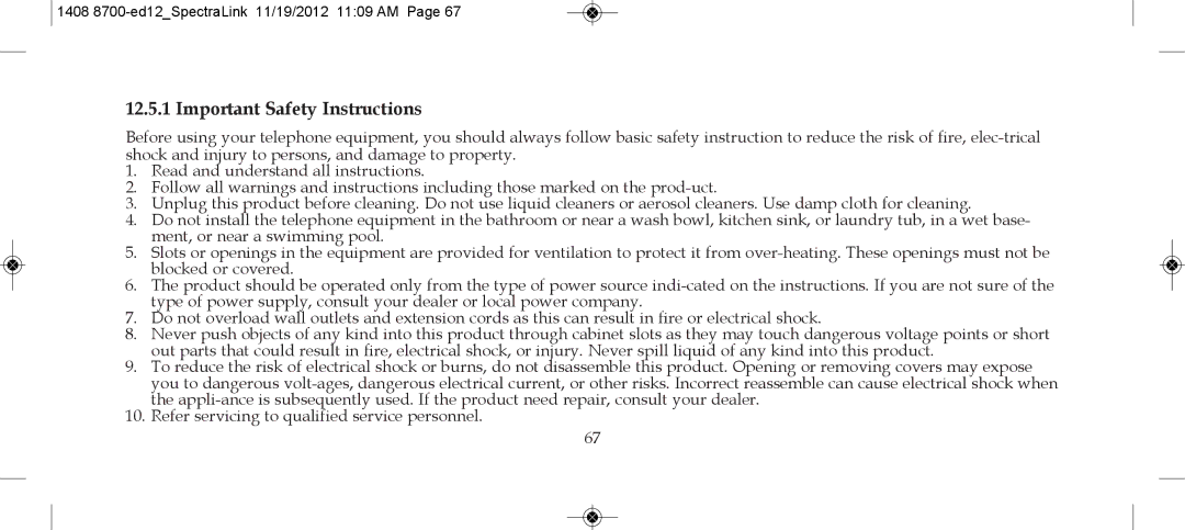 SpectraLink 2345000 manual Important Safety instructions 