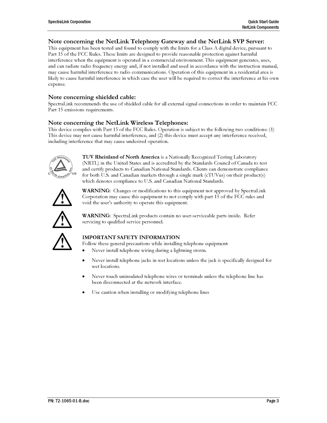 SpectraLink 72-1065-01 quick start Important Safety Information 