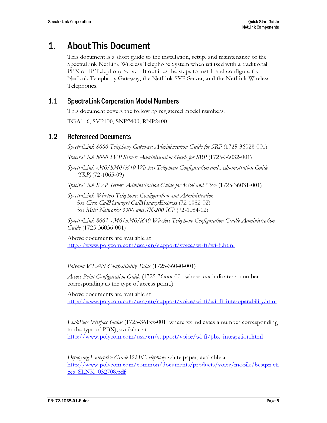 SpectraLink 72-1065-01 quick start About This Document, SpectraLink Corporation Model Numbers, Referenced Documents 