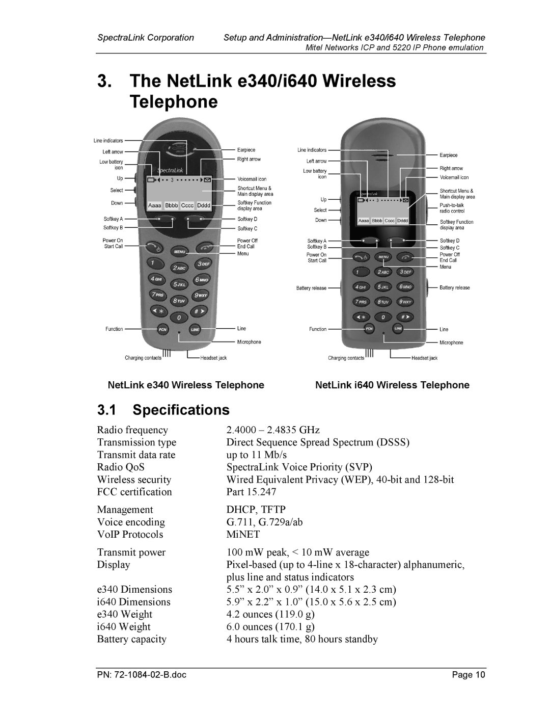 SpectraLink 72-1084-02 manual NetLink e340/i640 Wireless Telephone, Specifications 