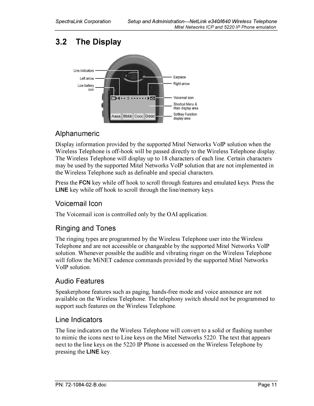 SpectraLink 72-1084-02 manual Display 