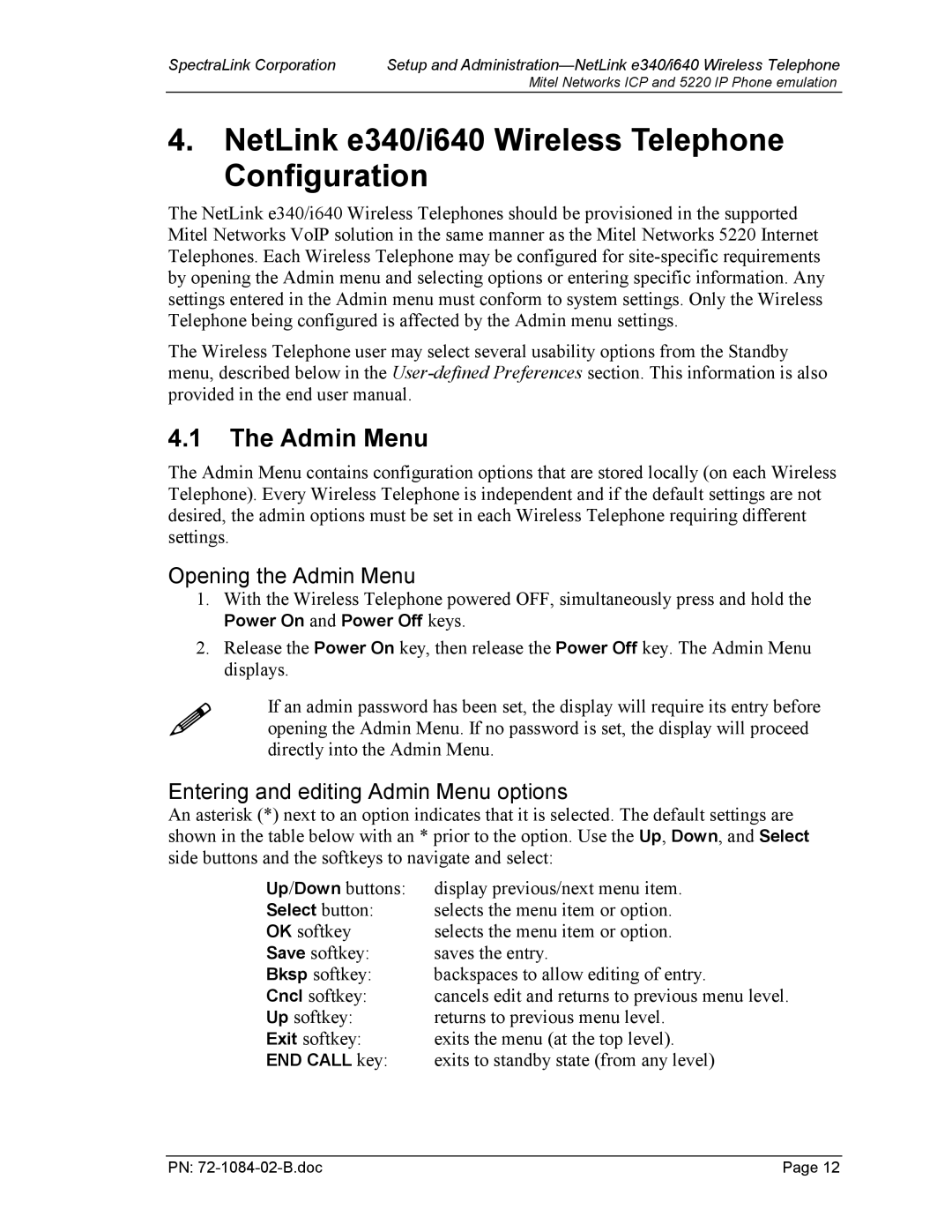 SpectraLink 72-1084-02 manual NetLink e340/i640 Wireless Telephone Configuration, Opening the Admin Menu 