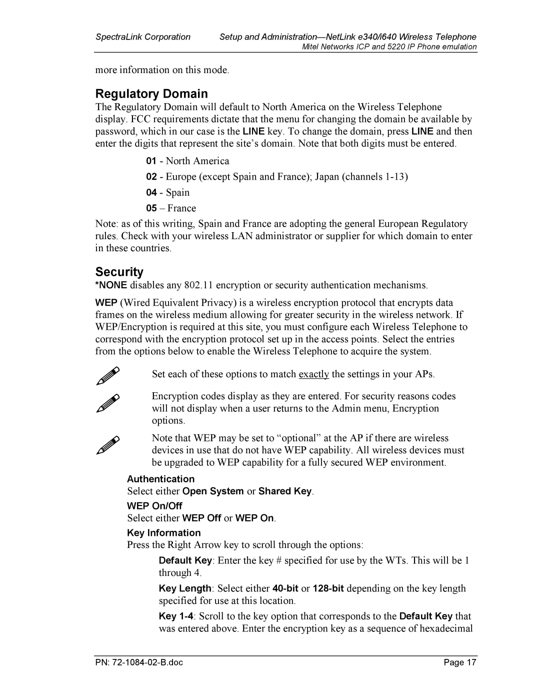 SpectraLink 72-1084-02 manual Regulatory Domain, Security 