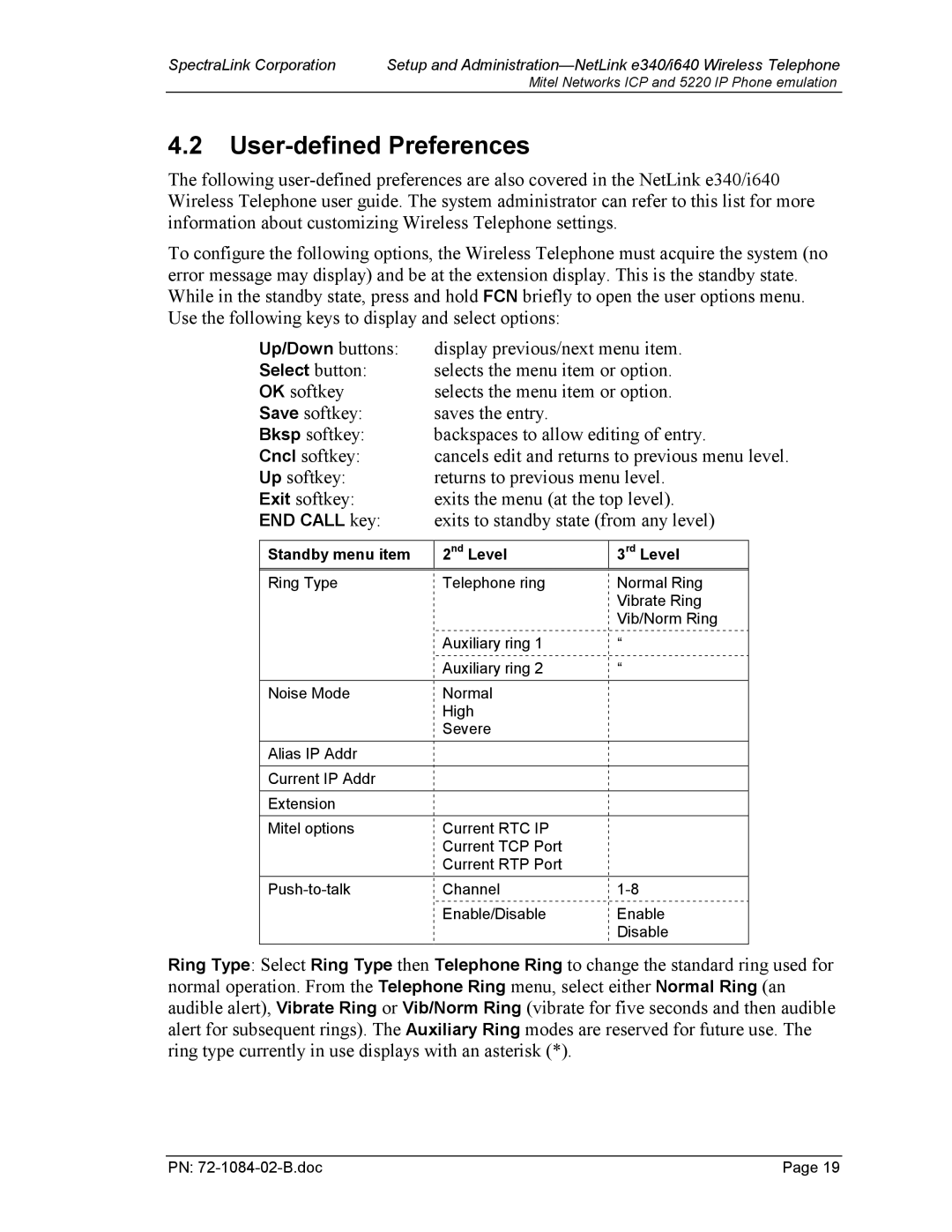 SpectraLink 72-1084-02 manual User-defined Preferences, Standby menu item Nd Level Rd Level 