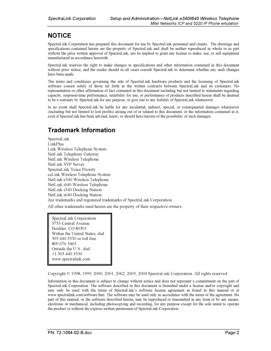 SpectraLink 72-1084-02 manual Trademark Information 