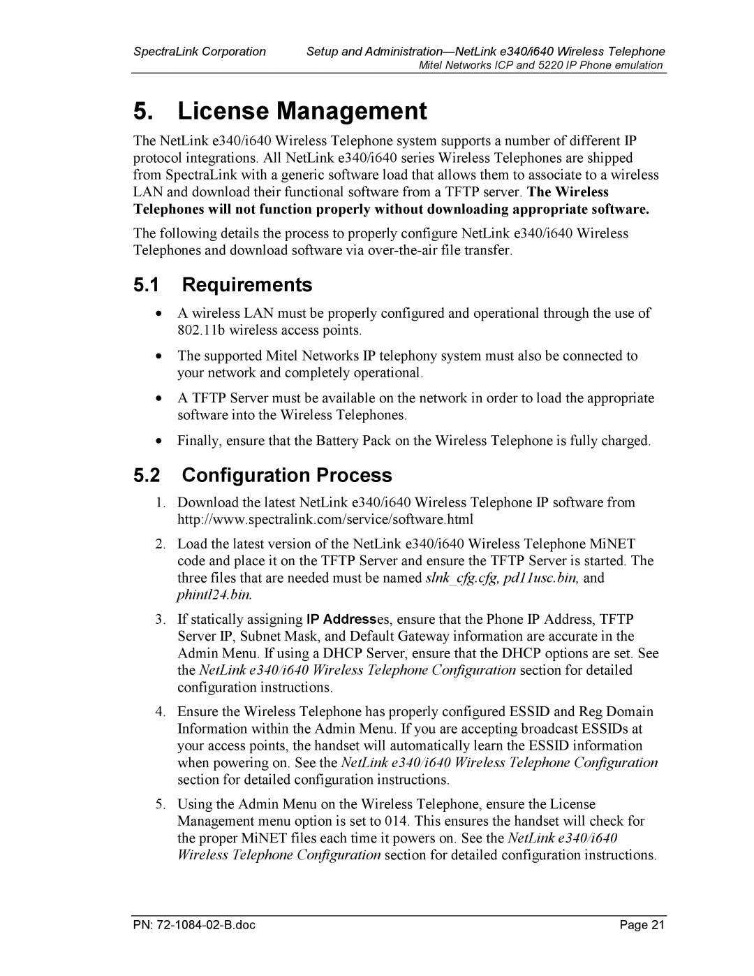 SpectraLink 72-1084-02 manual License Management, Requirements, Configuration Process 