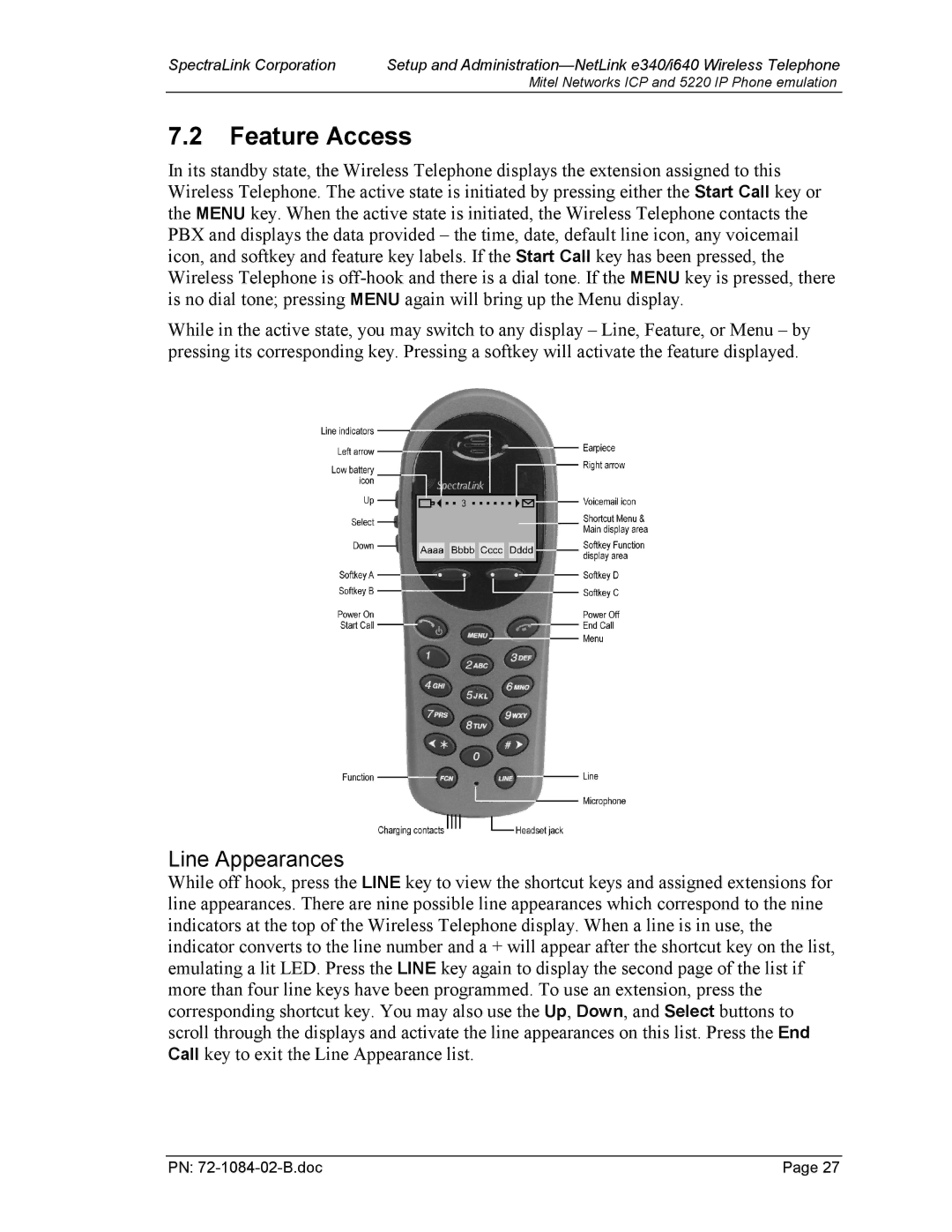 SpectraLink 72-1084-02 manual Feature Access, Line Appearances 