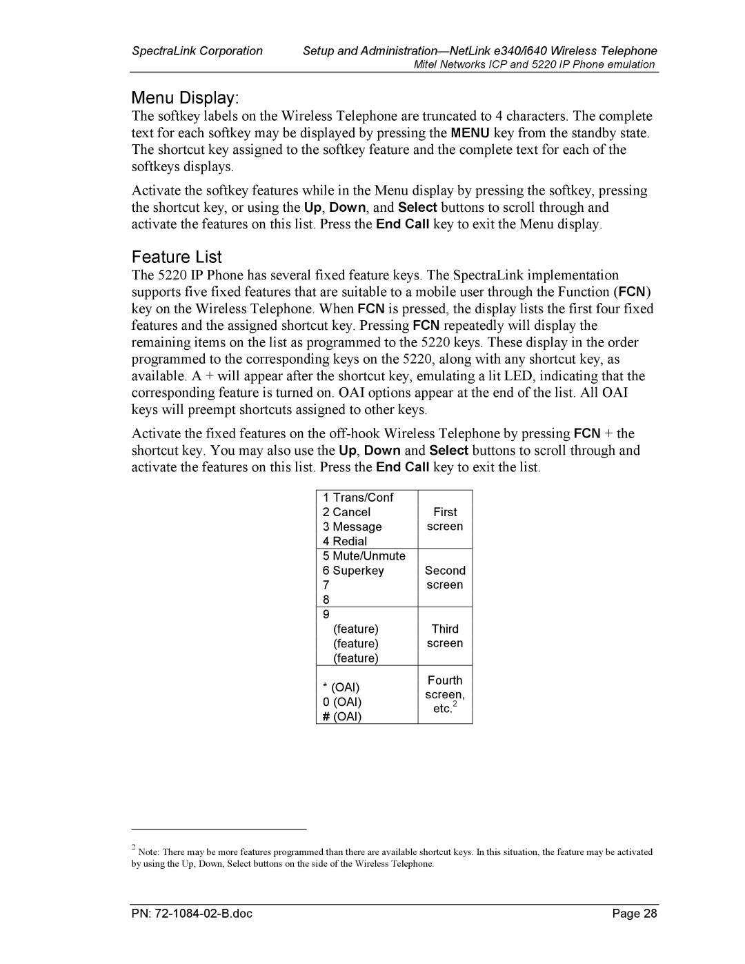 SpectraLink 72-1084-02 manual Menu Display, Feature List 