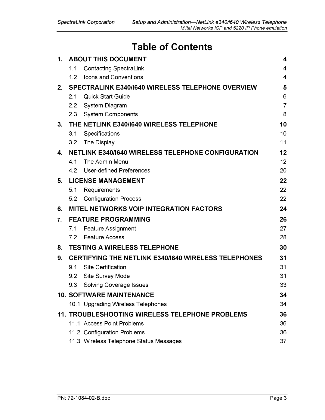 SpectraLink 72-1084-02 manual Table of Contents 