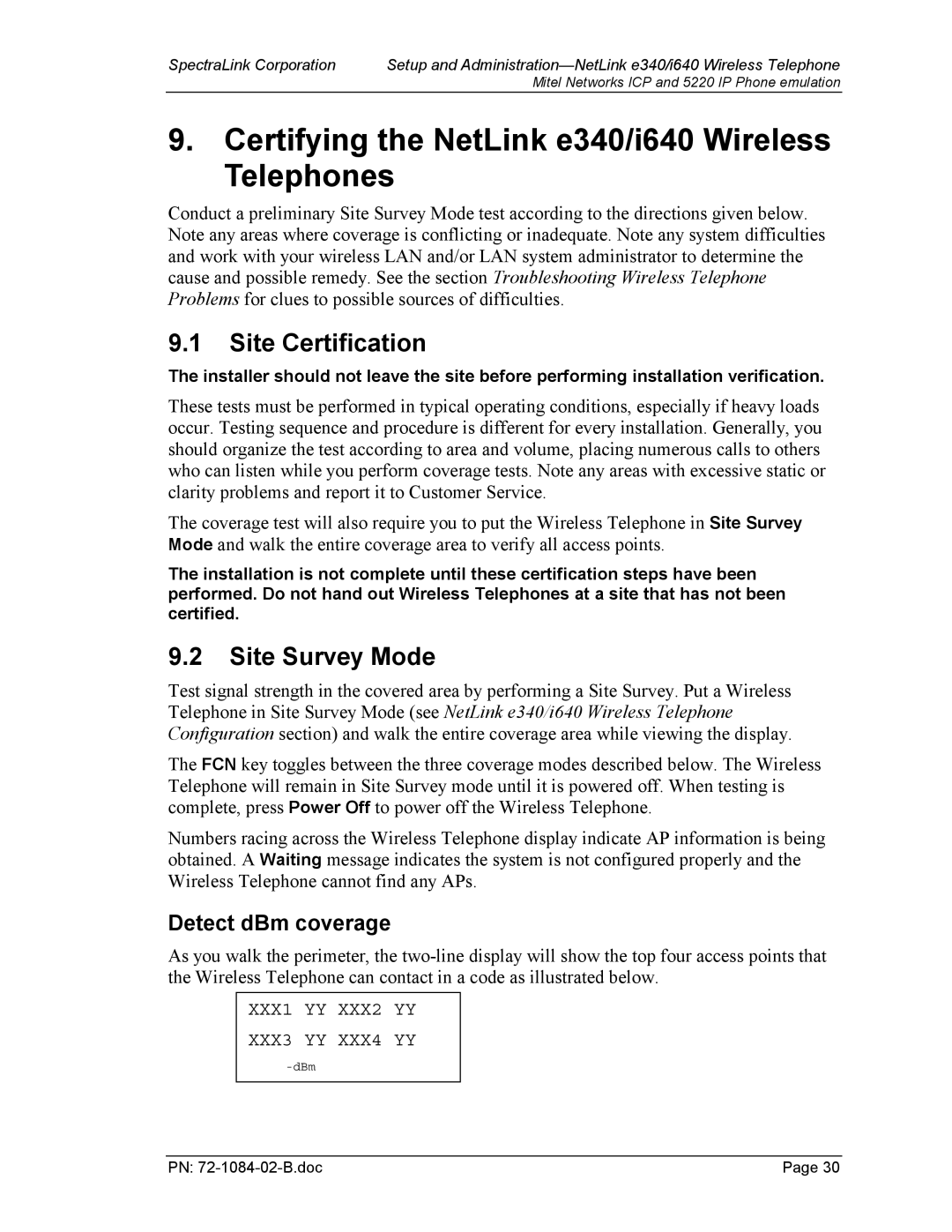 SpectraLink 72-1084-02 manual Certifying the NetLink e340/i640 Wireless Telephones, Site Certification, Site Survey Mode 