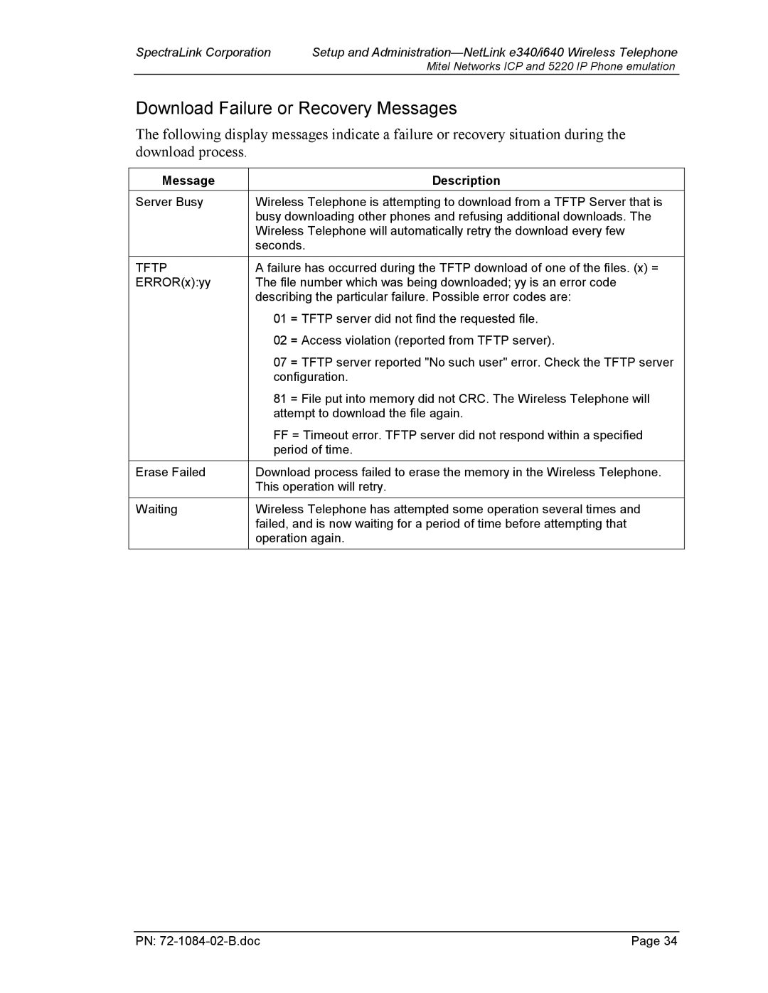 SpectraLink 72-1084-02 manual Download Failure or Recovery Messages, Tftp 