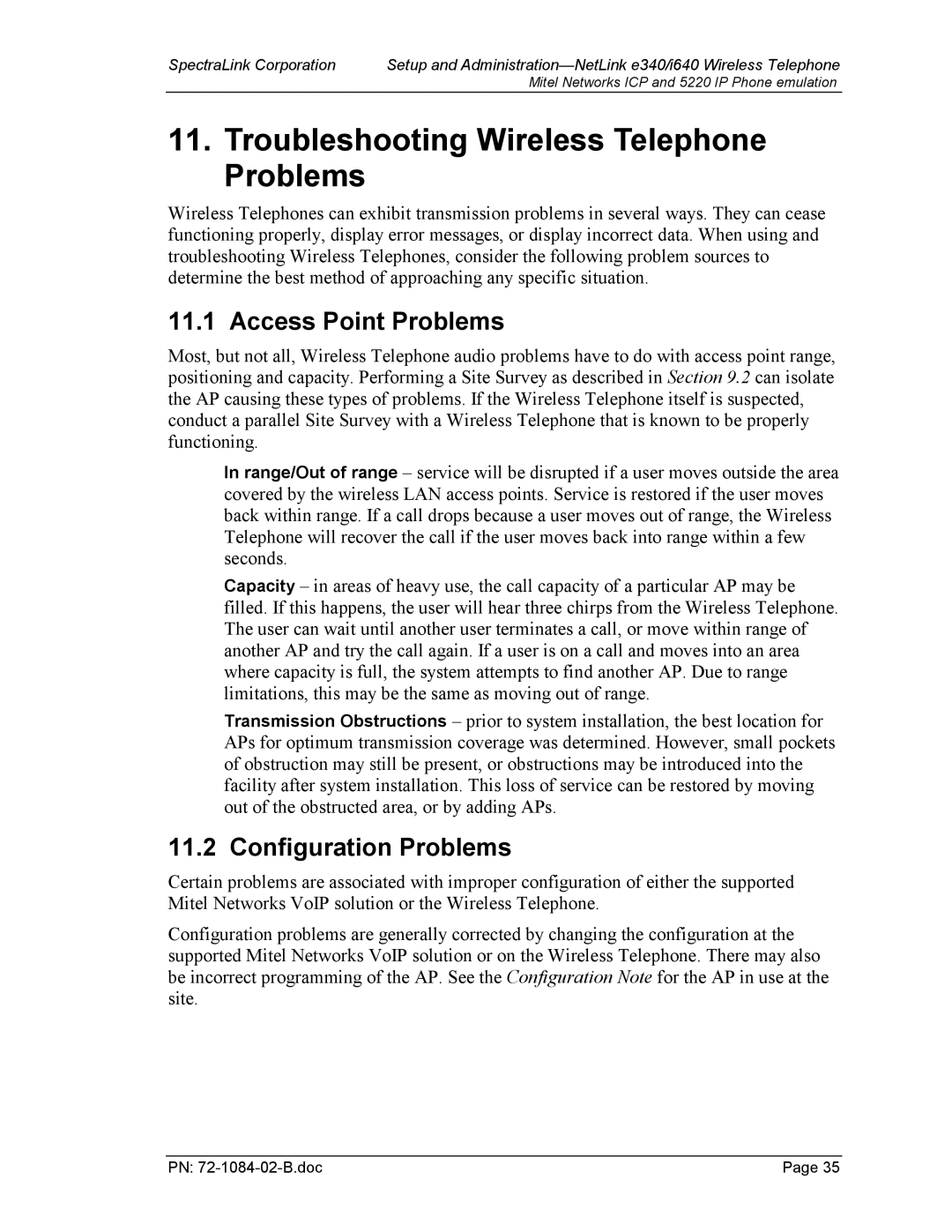 SpectraLink 72-1084-02 manual Troubleshooting Wireless Telephone Problems, Access Point Problems, Configuration Problems 