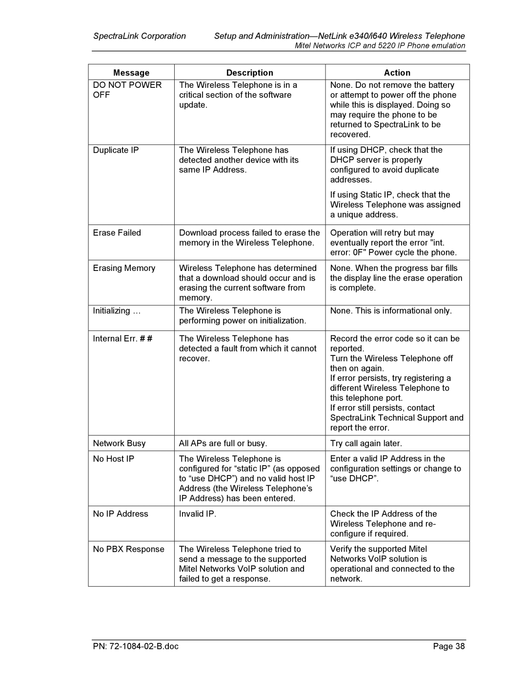 SpectraLink 72-1084-02 manual Do not Power 