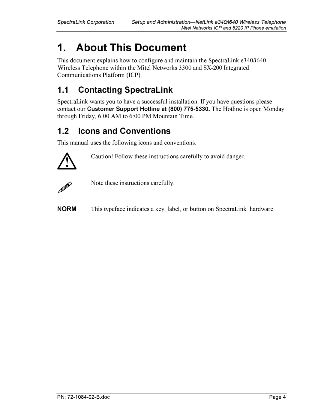 SpectraLink 72-1084-02 manual About This Document, Contacting SpectraLink, Icons and Conventions 