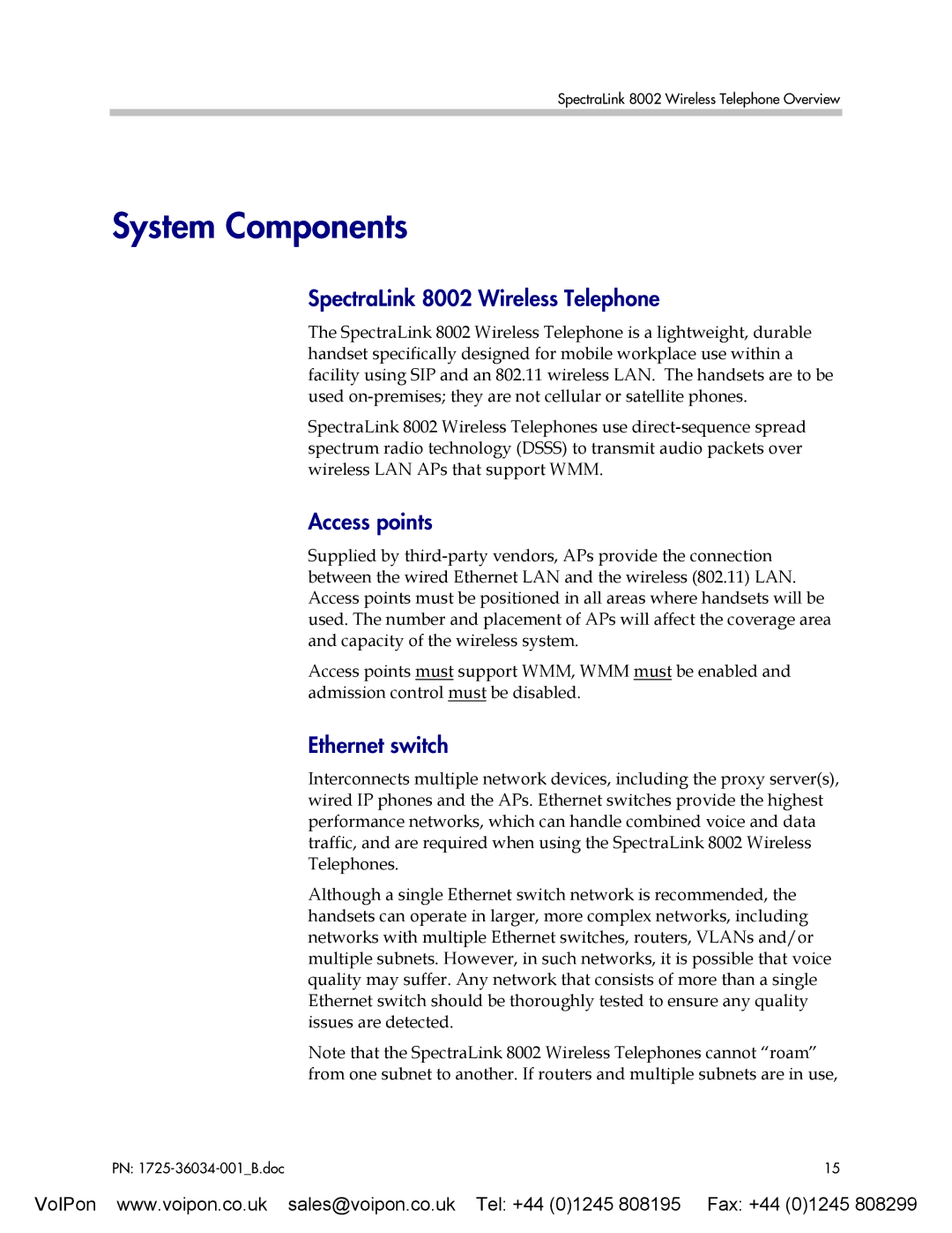 SpectraLink manual System Components, SpectraLink 8002 Wireless Telephone, Access points, Ethernet switch 