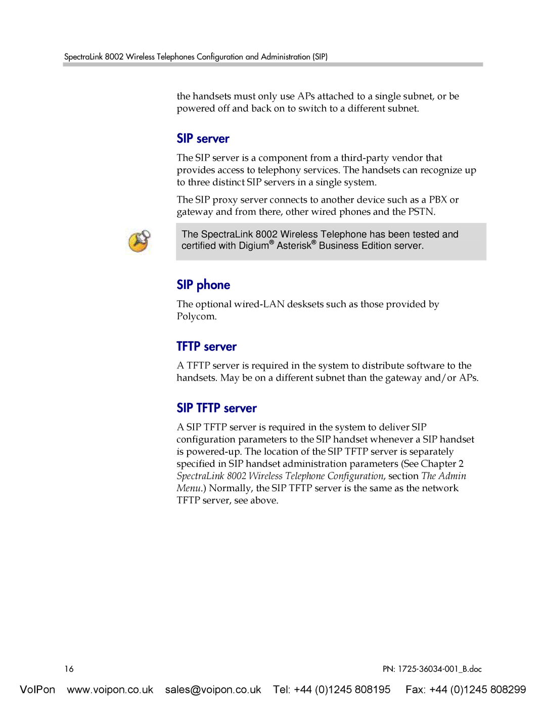 SpectraLink 8002 manual SIP server, SIP phone, SIP Tftp server 