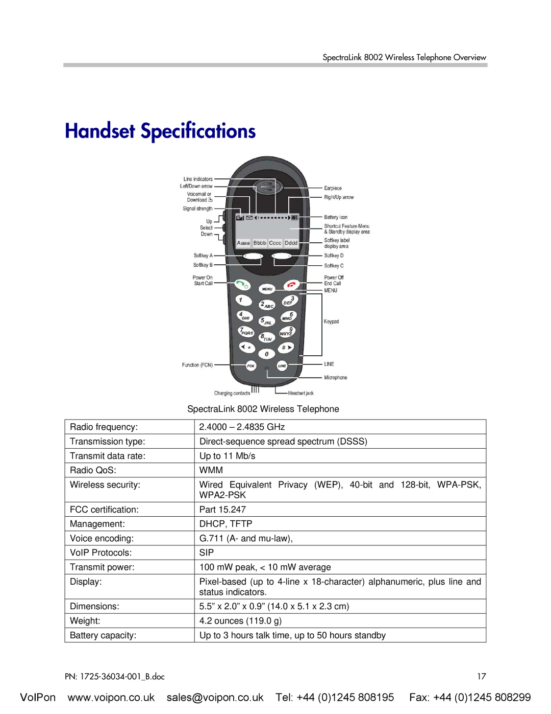 SpectraLink 8002 manual Handset Specifications, Wmm, WPA2-PSK, DHCP, Tftp, Sip 