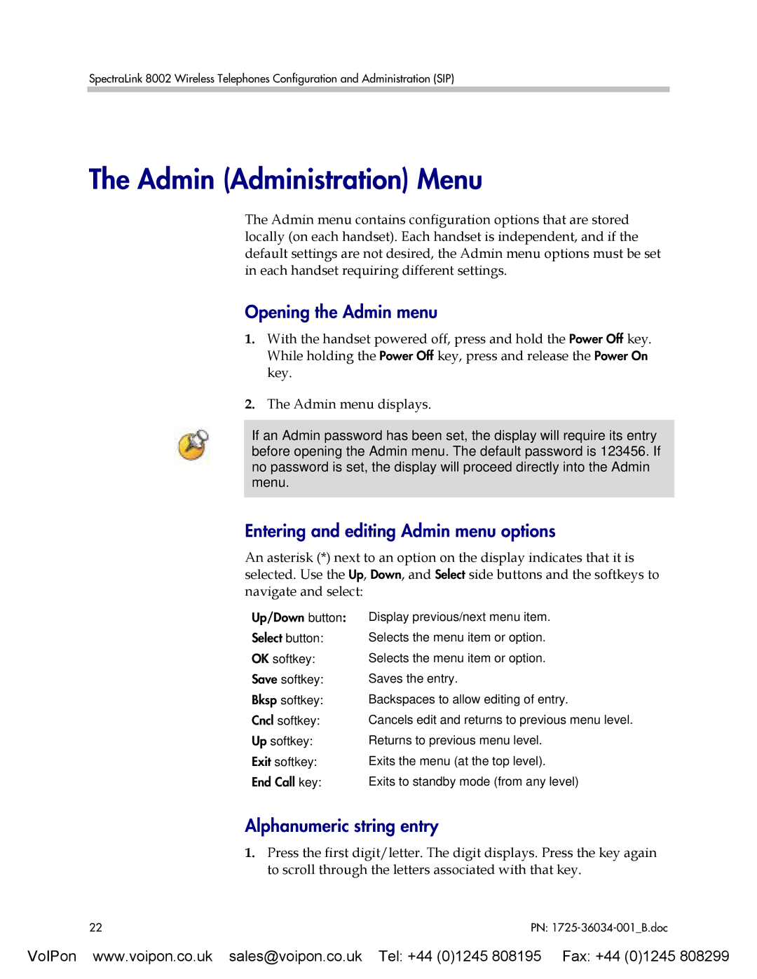 SpectraLink 8002 manual Admin Administration Menu, Opening the Admin menu, Entering and editing Admin menu options 