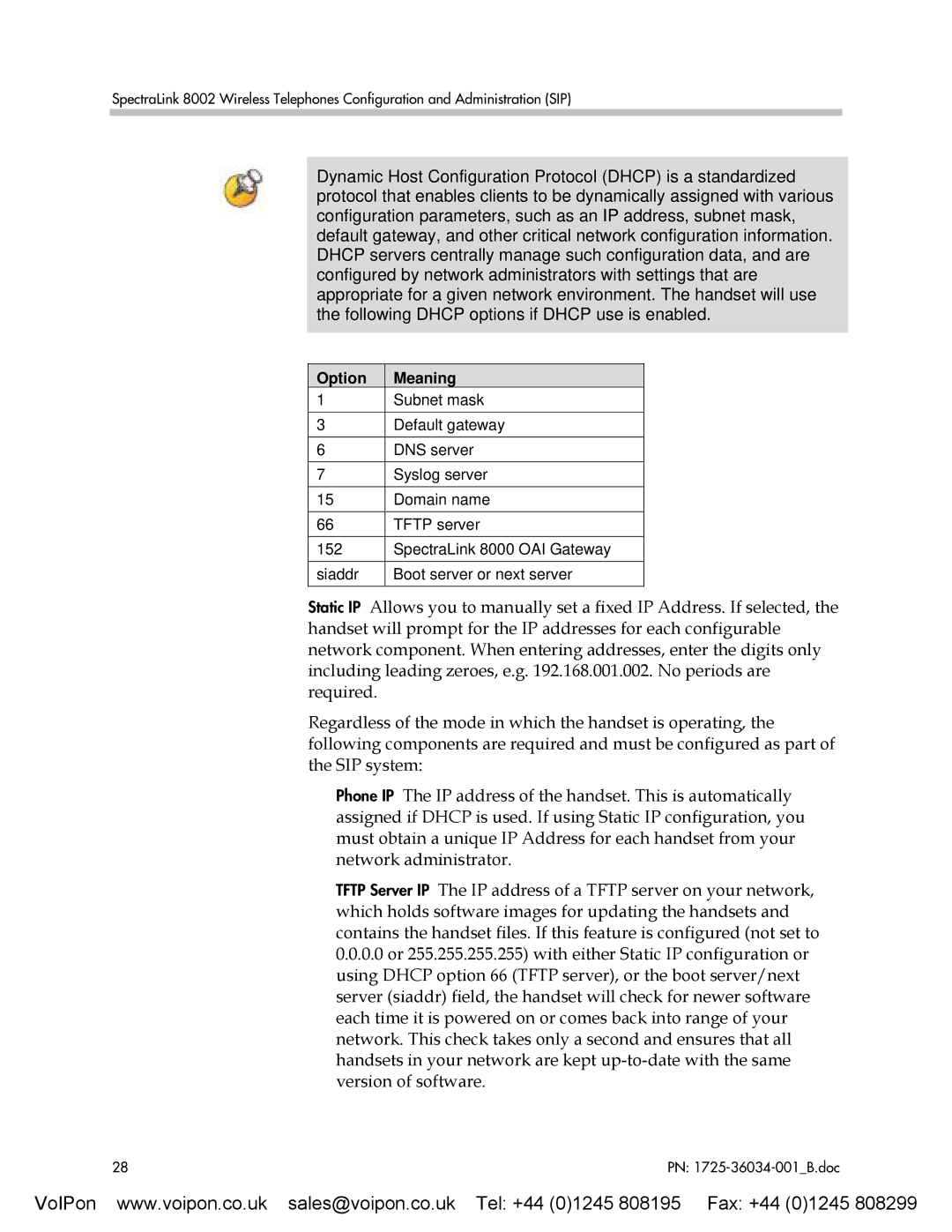 SpectraLink 8002 manual Option Meaning 