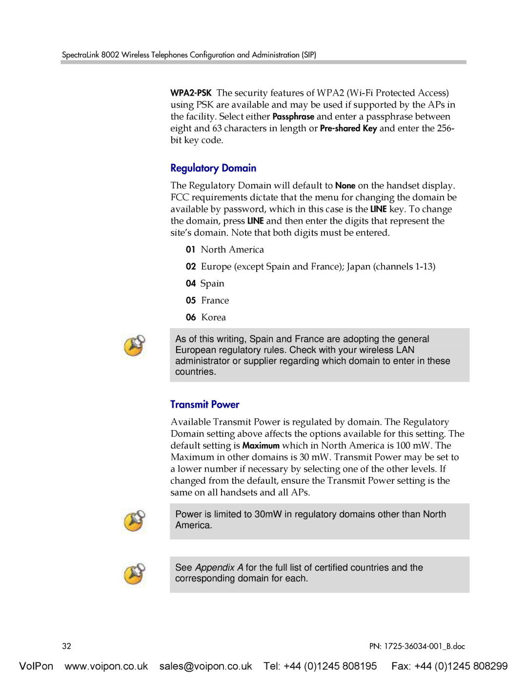 SpectraLink 8002 manual Regulatory Domain, Transmit Power 