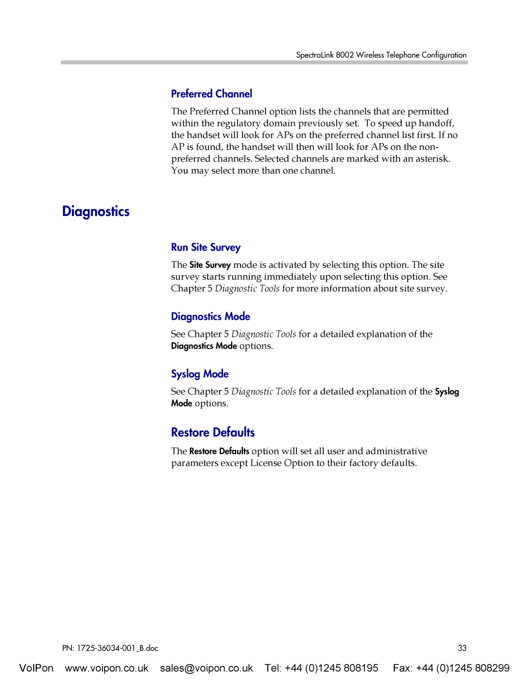 SpectraLink 8002 manual Diagnostics, Restore Defaults 