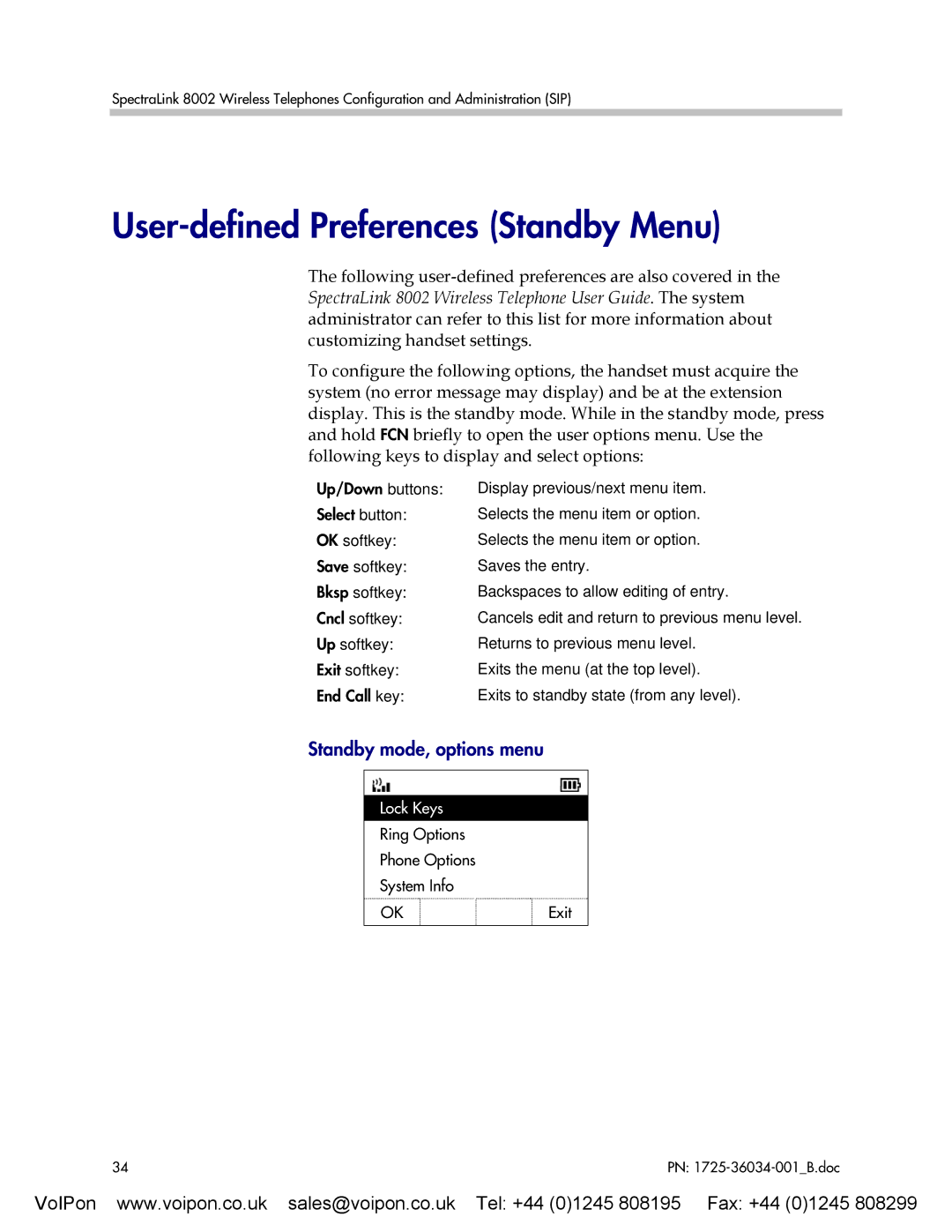 SpectraLink 8002 manual User-defined Preferences Standby Menu, Standby mode, options menu 