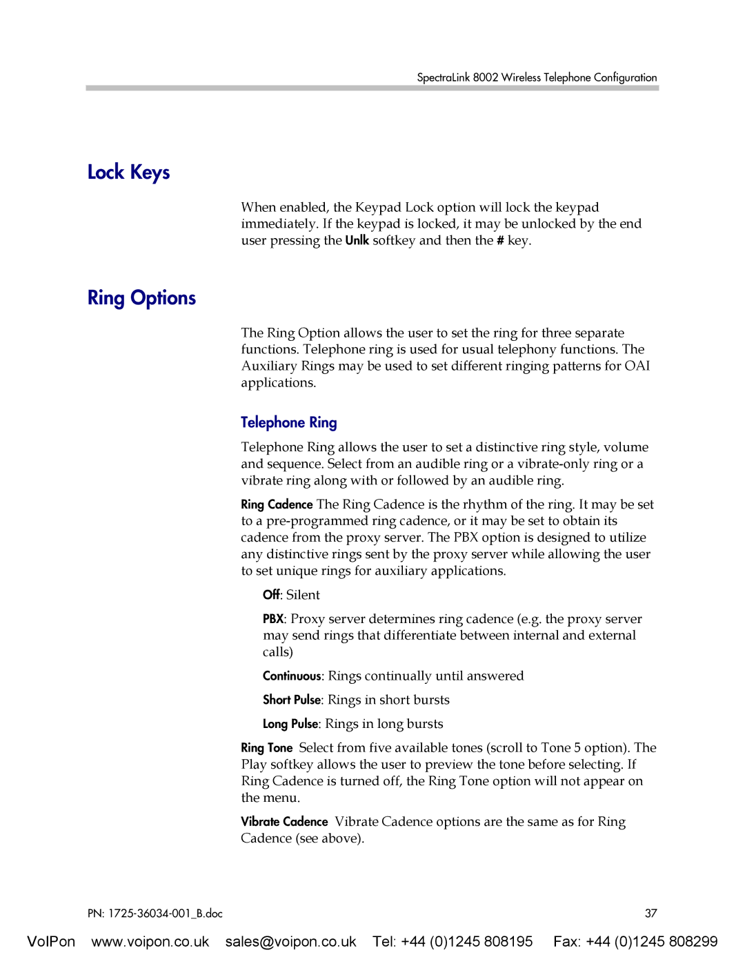 SpectraLink 8002 manual Lock Keys, Ring Options, Telephone Ring 