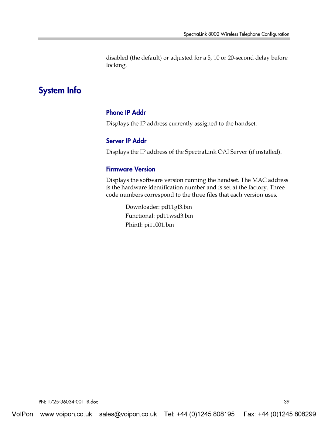 SpectraLink 8002 manual System Info, Phone IP Addr, Server IP Addr, Firmware Version 